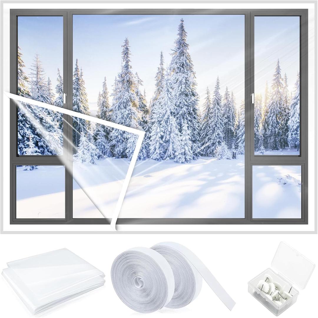 47 x 63 Inch EVA Window Insulation Kit - Heavy Duty Adjustable Film with 2 Hook & Loop Straps & 10 Thumbtacks, Reusable Thermal Insulation for Winter, Breathable Weatherproof Home Protection (S)