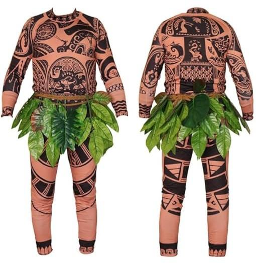 Kids Boys Halloween Long Sleeve T-Shirts Pants Cosplay Suits Christmas Costume With Leaf Skirts (130 (7-8 years), Brown)