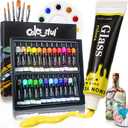 Colorful Stain Glass Paint Set with 6 Brushes, 1 Palette, 24 Color Waterproof Acrylic Enamel Painting Kit for Kids to Arts on Transparent Wine Glasses, Light Bulbs, Windows and Ceramics (0.4 Fl Oz (Pack of 24))