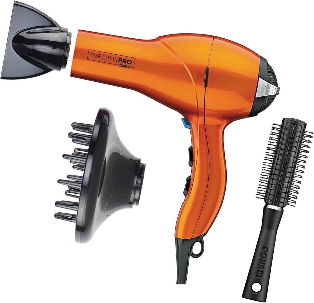 Infiniti PRO CONAIR Hair Dryer with Diffuser, Professional AC Motor, Tourmaline Ceramic Technology Blow Dryer, Includes Concentrator and Blowout Brush, Orange