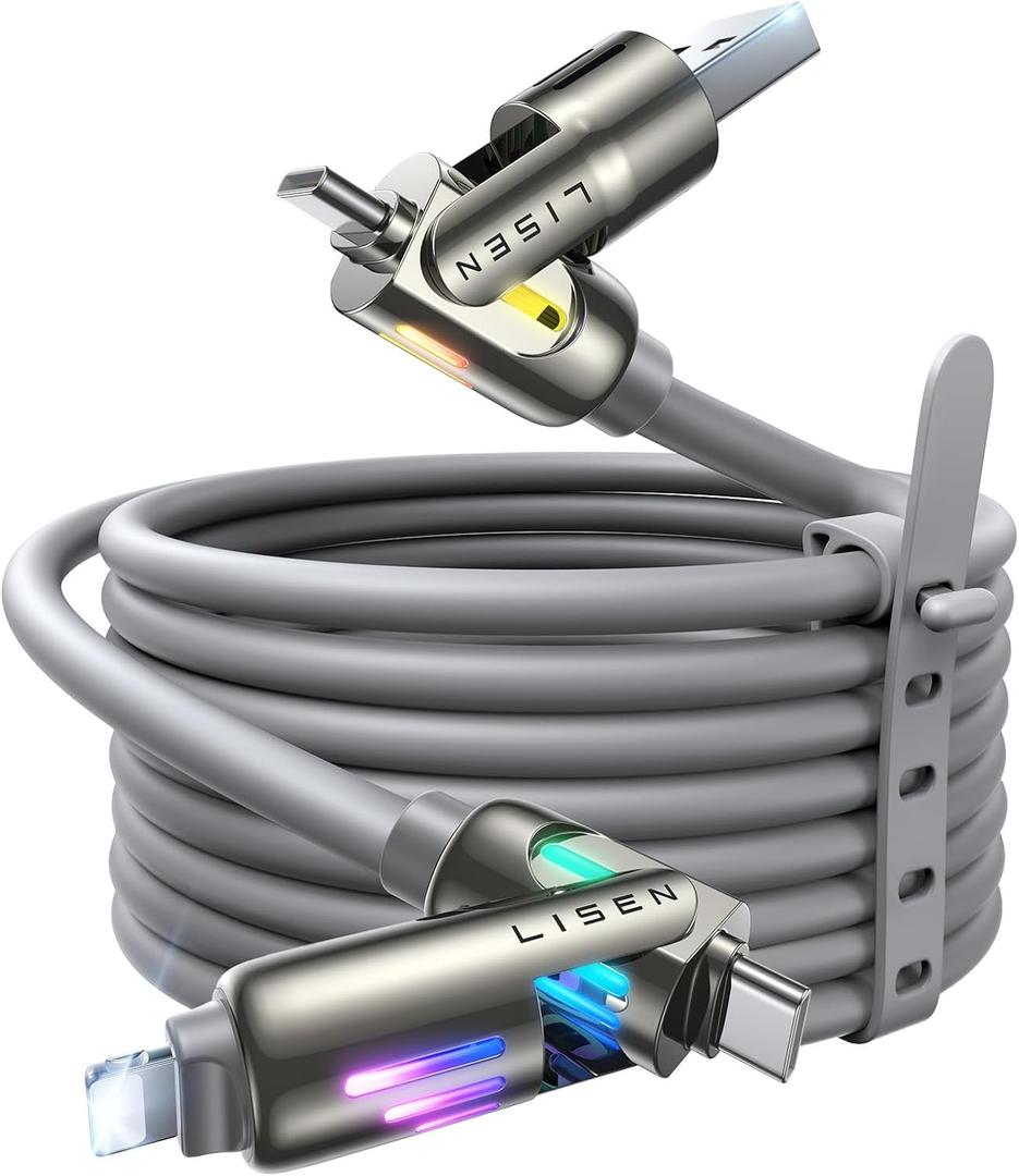 LISEN 10 FT USB C Cable Fast Charging, 240W 4 in 1 Charging Cable, Chubby Type C/A to C/Lightning Cable with Light for iPhone 16 15 14 Pro/MacBook/iPad/Samsung/Switch, Multi Chargers for All Devices (Grey)