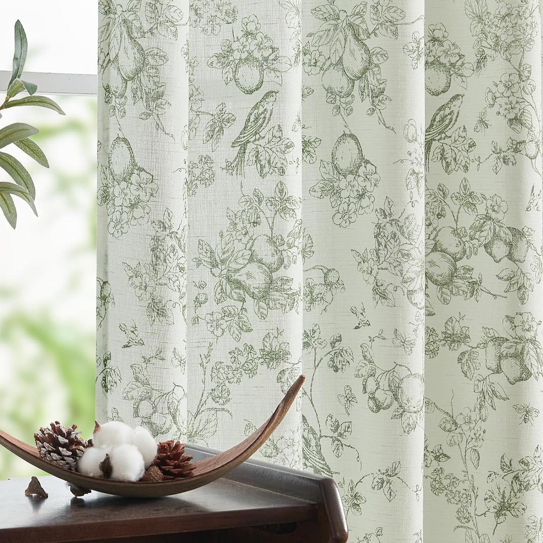 jinchan Linen Floral Curtains for Living Room 96 Inch Long Sage Green Printed Flower French Country Farmhouse Cottage Core Toile Curtains Back Tab Light Filtering Window Drapes Set 2 Panels