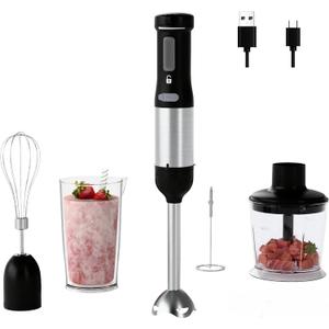 Cordless Immersion Hand Blender, 5-in-1 Variable Speed blender handheld,Rechargeable with 2000mAh Battery, BPA-Free & Dishwasher-Safe Accessories:700ml Beaker,Chopper,Whisk & Milk Frother,Ink