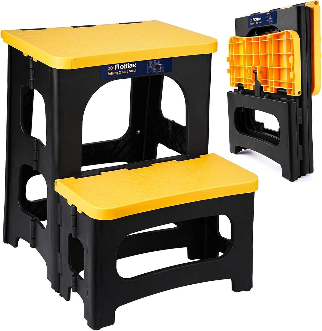 Flottian Folding 2 Step Stools,8" & 17" Dual Heights,Foldable Step Stool for Adults and Kids,Hold up to 250lbs,Collapsible Step Stool for Kitchen Bedroom Office Bathroom RV, Yellow