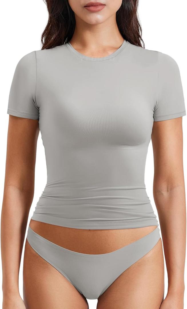 YEOREO Women Fitted Workout Tops Short Sleeve Double Lined Basic Y2K Going Out Crew Neck Compression Crop Top (XX-Large, Grey)