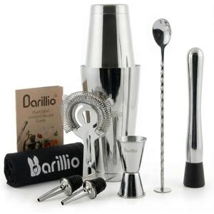 Barillio Boston Shaker Set - Stainless-Steel, Weighted, Martini Cocktail Shaker Set w/Strainer & Mixer - Mixology Bartender Kit - Bar Set for The Home - 9-pc Drink Shaker Set - Bar Tools - Silver