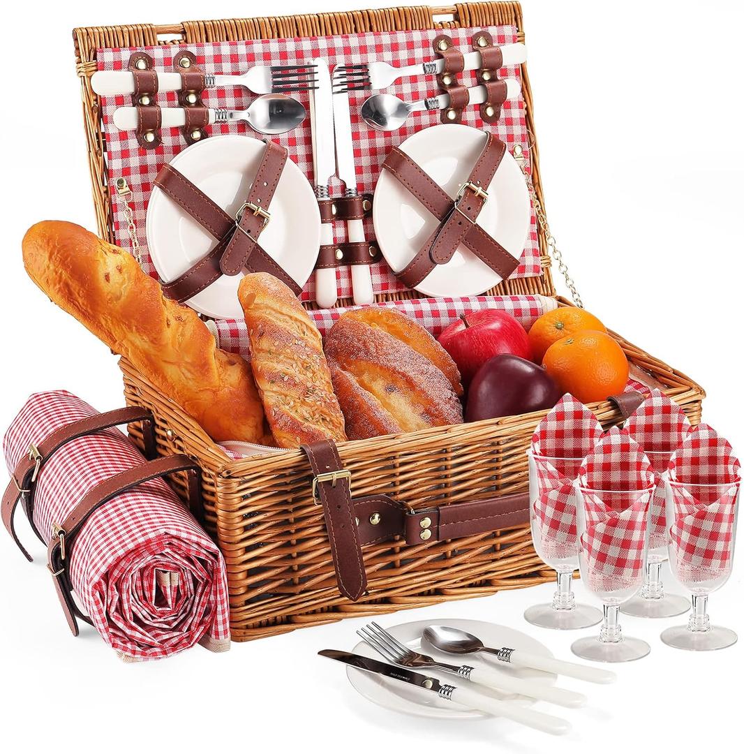 Picnic Basket for 4 Persons with Waterproof Picnic Blanket and Insulated Cooler, Large Wicker Picnic Basket for Camping, Outdoors, Valentine's Day, Christmas, Birthday, Wedding Gift (Red and White Small Plaid)