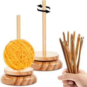 Juexica 2 Pcs Wood Yarn Holder with 12 Bamboo Crochet Hooks Wooden Yarn Holder with Twirling Mechanism Wooden Spinning Yarn Crochet Needles for Knitting Crocheting DIY Crafts Gifts(Wood Color)
