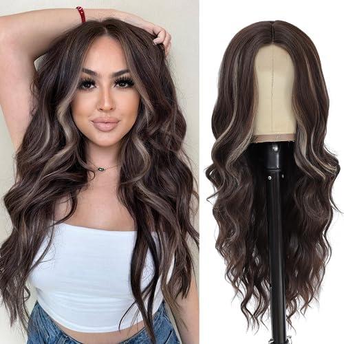 NAYOO Brown mixed Blonde Wigs 26 Inch Middle Part Wigs for Women Synthetic Hair Long Wavy Wig for Daily Party/Halloween Use 26 Inch (Brown mixed Blonde)