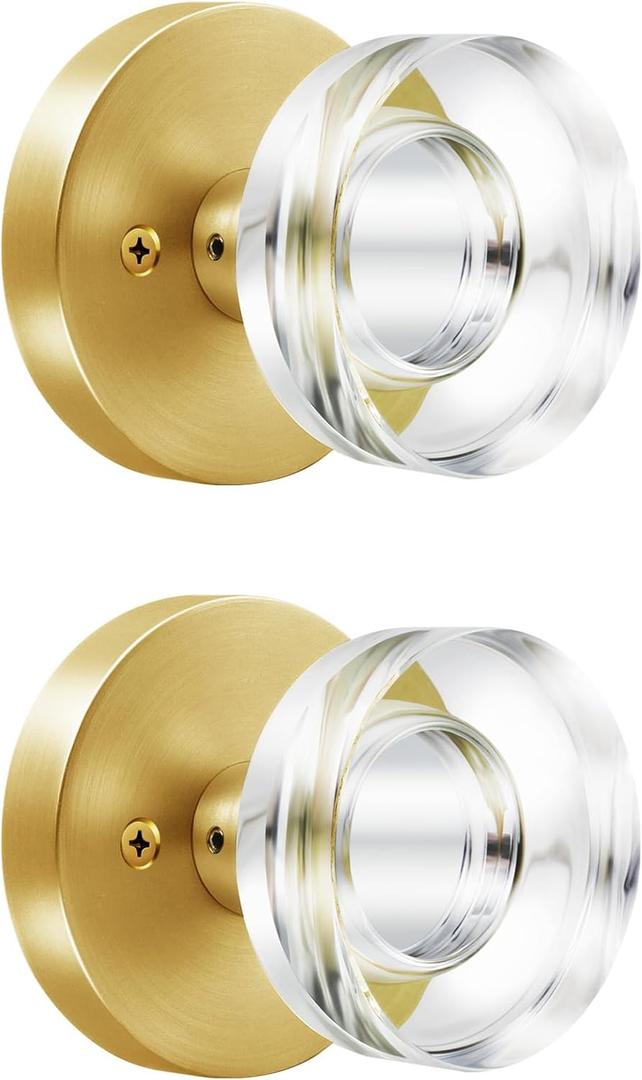 2 Pack Gold Glass Dummy Door Knob Satin Brass Crystal Dummy Door Knobs Interior, Round Modern Door Knob Brushed Gold Dummy Door Handle Interior for Hall Pantry Closet Door Knobs