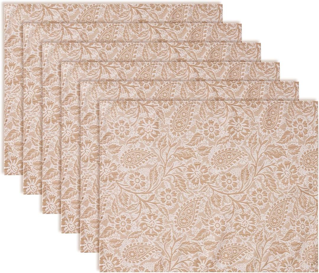 HEAVYWOOD Boho Placemats Set of 4 Cloth Floral Place Mats Paisley Botanical Table Mats for Kitchen Dinning Farmhouse Rustic Washable Tablemats 14x18 Inch (Oatmeal, 6)