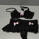 OYOANGLE Women's 2 Piece Bow Knot Floral Lace Lingerie Set Underwire Bra and Ruffle Panties Babydoll (Small, Black)