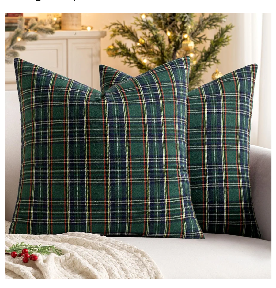 MIULEE Christmas Set of 2 Scottish Tartan Plaid Throw Pillow Covers Farmhouse Classic Decorative Outdoor Square Cushion Cases for Decor Sofa Couch 18x18 Inch, Green