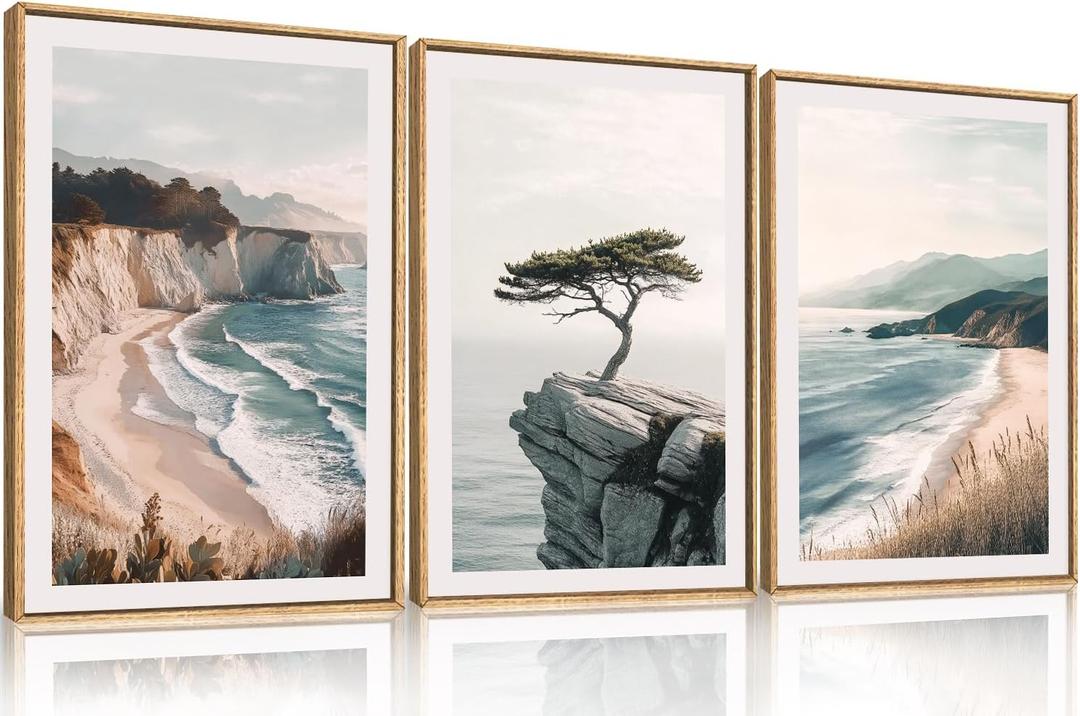 Amalfi Coastal Beach Framed Canvas Wall Art Set, Summer Ocean Wall Decor, Southwestern Beach Wall Painting, Ocean Seascape Art Prints for Living Room, Bedroom, Dining Room-24"x36"x3