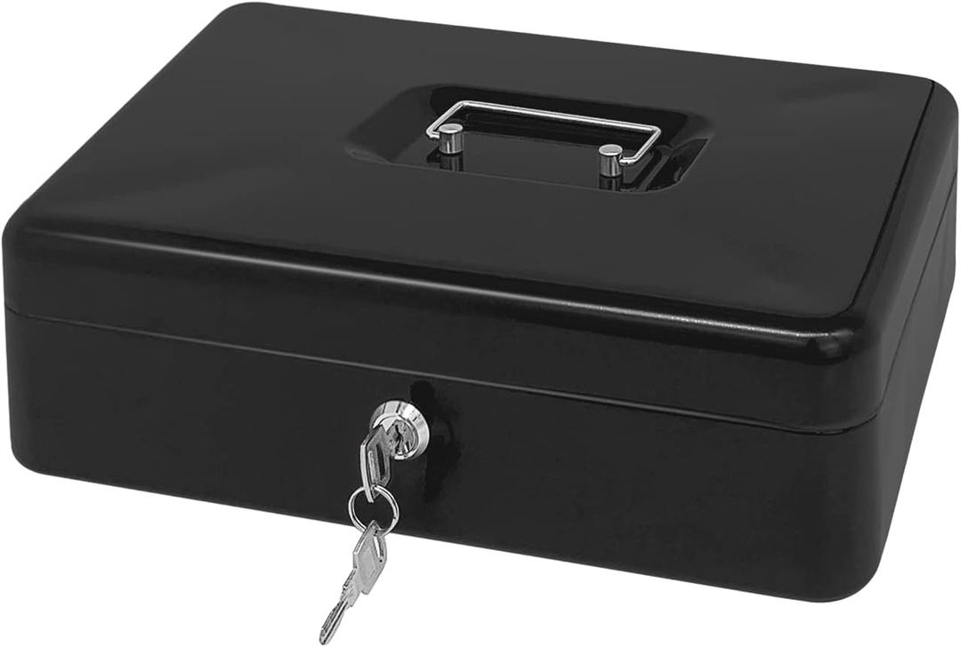 Steel Cash Box with Key Lock, Metal Small Money Organizer with Money Tray,Cash Storage Box with Lockable Cover (Black - 12 inch) (Black - 11.8" x 9.4" x 3.5")