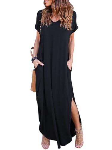 HUSKARY Womens Casual Pocket Beach Long Dress Short Sleeve Split Loose Maxi Dress, Black 01, XL HUSKARY Womens Casual Pocket Beach Long Dress Short Sleeve Split Loose Maxi Dress, Black 01, XL