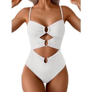 Eomenie Womens Cutout One Piece Swimsuit with Ring Linked Sexy Monokini Bathing Suit for Beach Vacation (White, XXL)