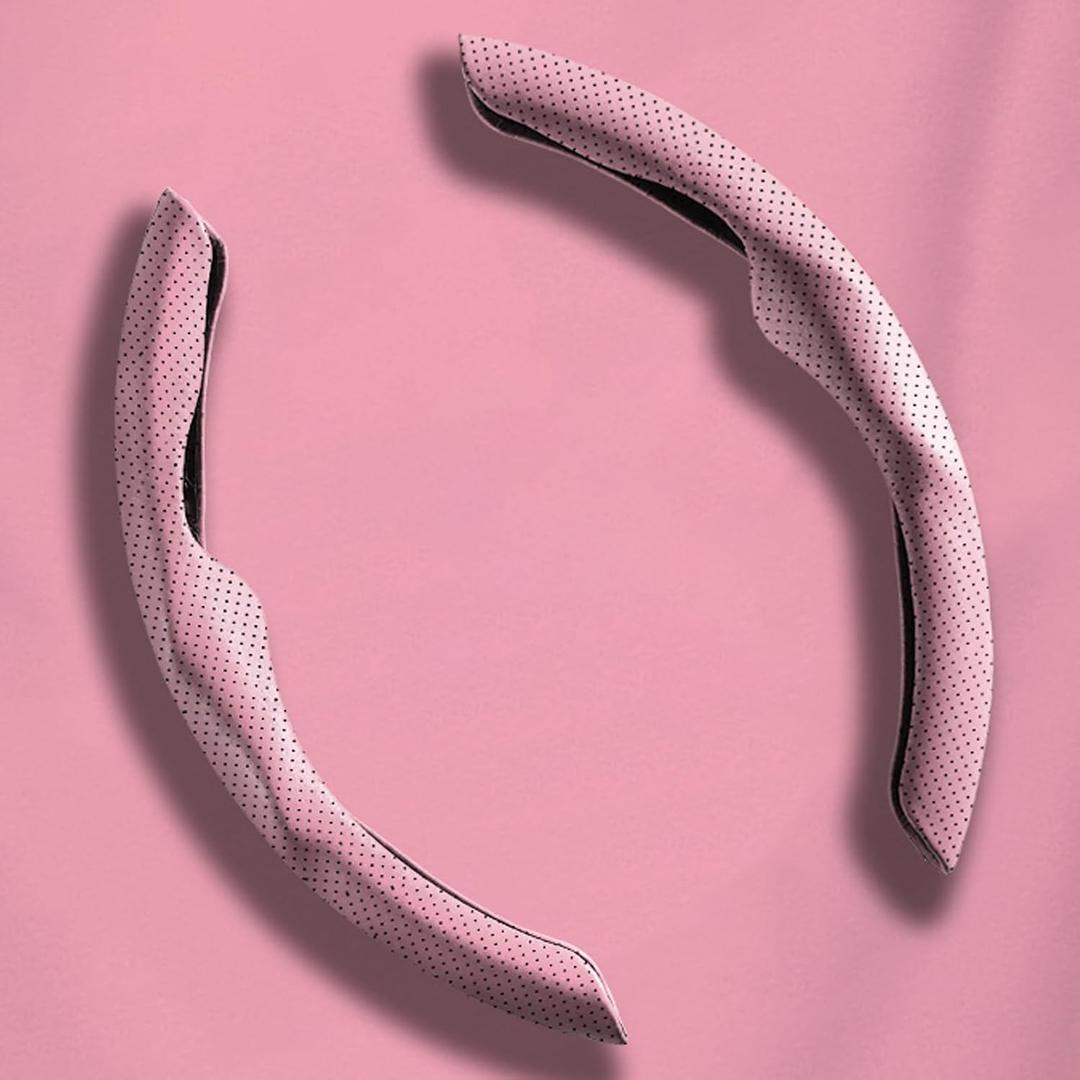 Car Steering Wheel Cover Universal 2Pcs Nappa Leather Segmented Steering Wheel Cover Wear-Resistant Comfortable Easy Install All-Season Use(Pink)