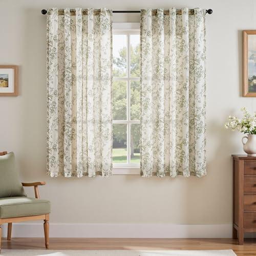 jinchan Linen Blend Curtain Floral Curtains for Living Room 26×25 Inch Length Sage Green Printed Curtain Rod Pocket Back Tab Farmhouse Peony Flower Patterned Drapes Bedroom Window Curtains Set 2 Panels