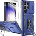 for Samsung Galaxy S23 Ultra Case with Slide Camera Cover, 2X Screen Protector, Built-in 360 Rotate Ring Kickstand, Military Grade Shockproof Phone Case for Samsung S23 Ultra 5G 6.8 inch-Blue