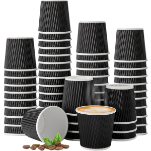 200 Pcs 4oz Paper Espresso Cups Ripple Wall Hot Cups For Coffee Disposable Coffee Cup Paper Hot/Cold Drinking Cups for Party, Picnic, Travel and Events (Black)