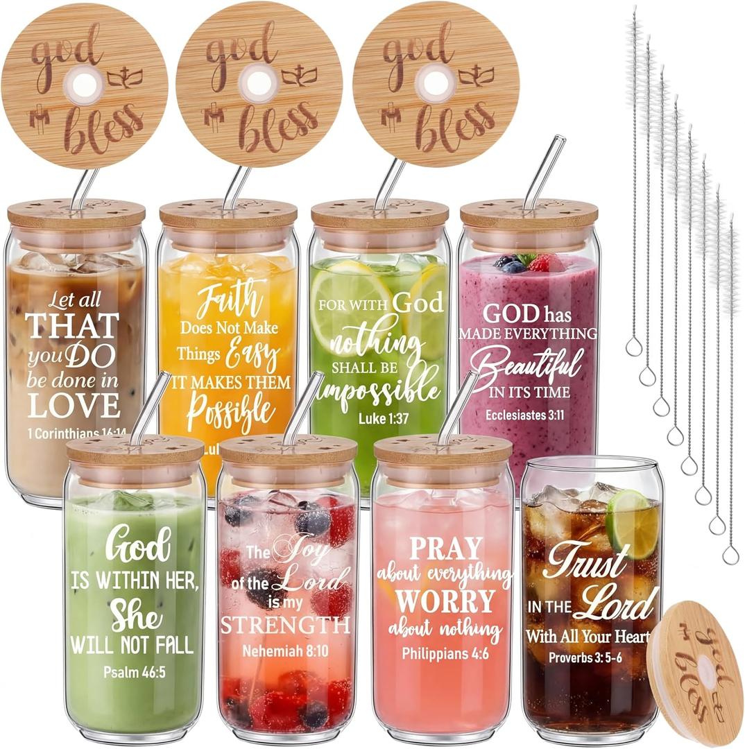 Tioncy 8 Pcs Christian Gifts for Women 16oz Bible Verse Coffee Drinking Glass Cups with Bamboo Lids Straws Brushes Inspirational Religious Gifts for Church Christian Party Favor