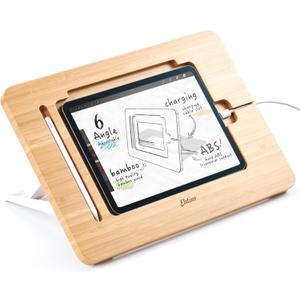 ELETIUO Adjustable Tablet Stand with Pencil&Charger Cable Slot,Bamboo Wooden Stand with Multiple Angles,Organizer Desktop Holder for Drawing,Compatible with ipads(Support to 9.7-11" Devices)