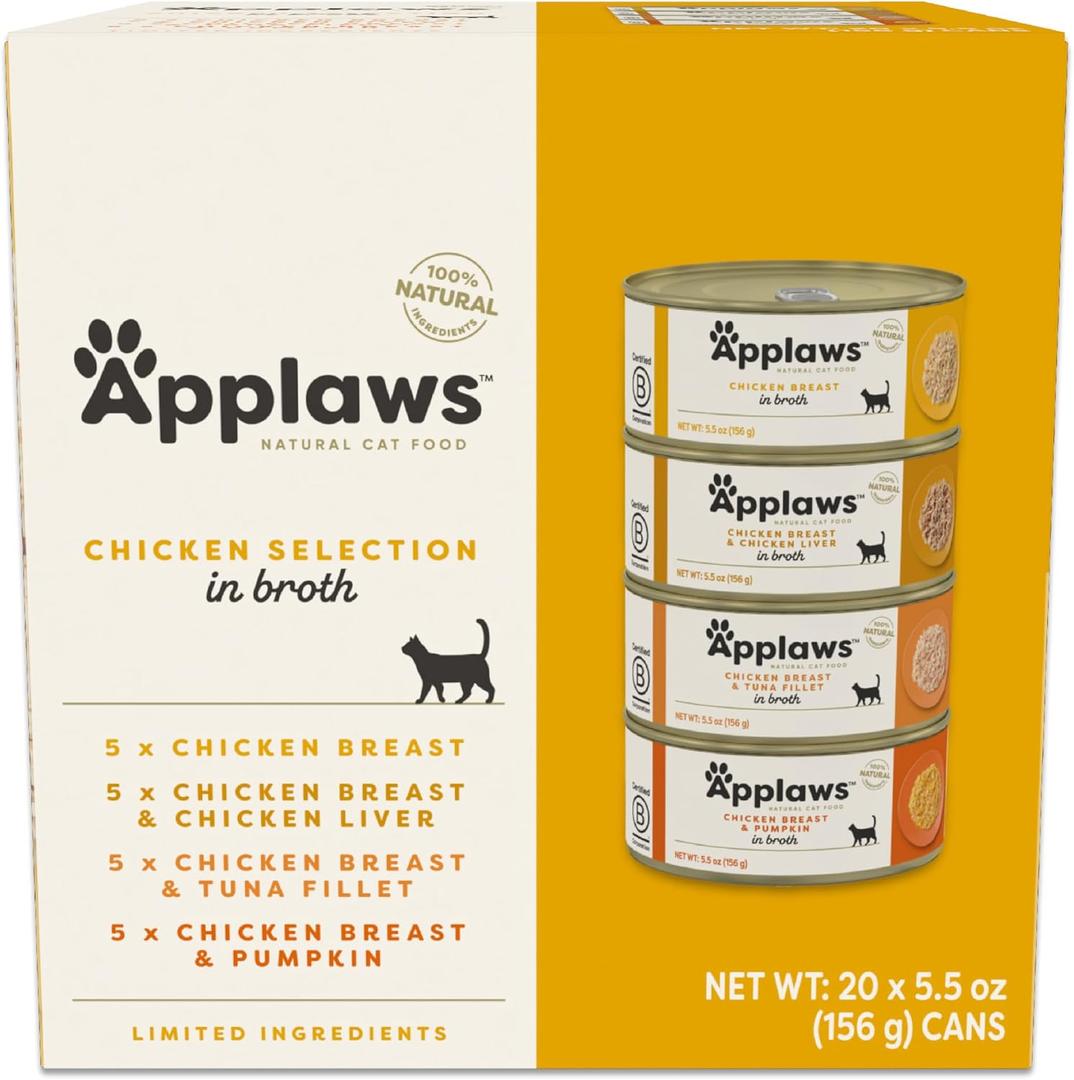 Applaws Natural Wet Cat Food in Broth, Limited and Natural Ingredients, High Protein with No Artificial Additives, Chicken Selection in Broth Cans (20 x 5.5 oz Cans) (EXP 03/16/28)