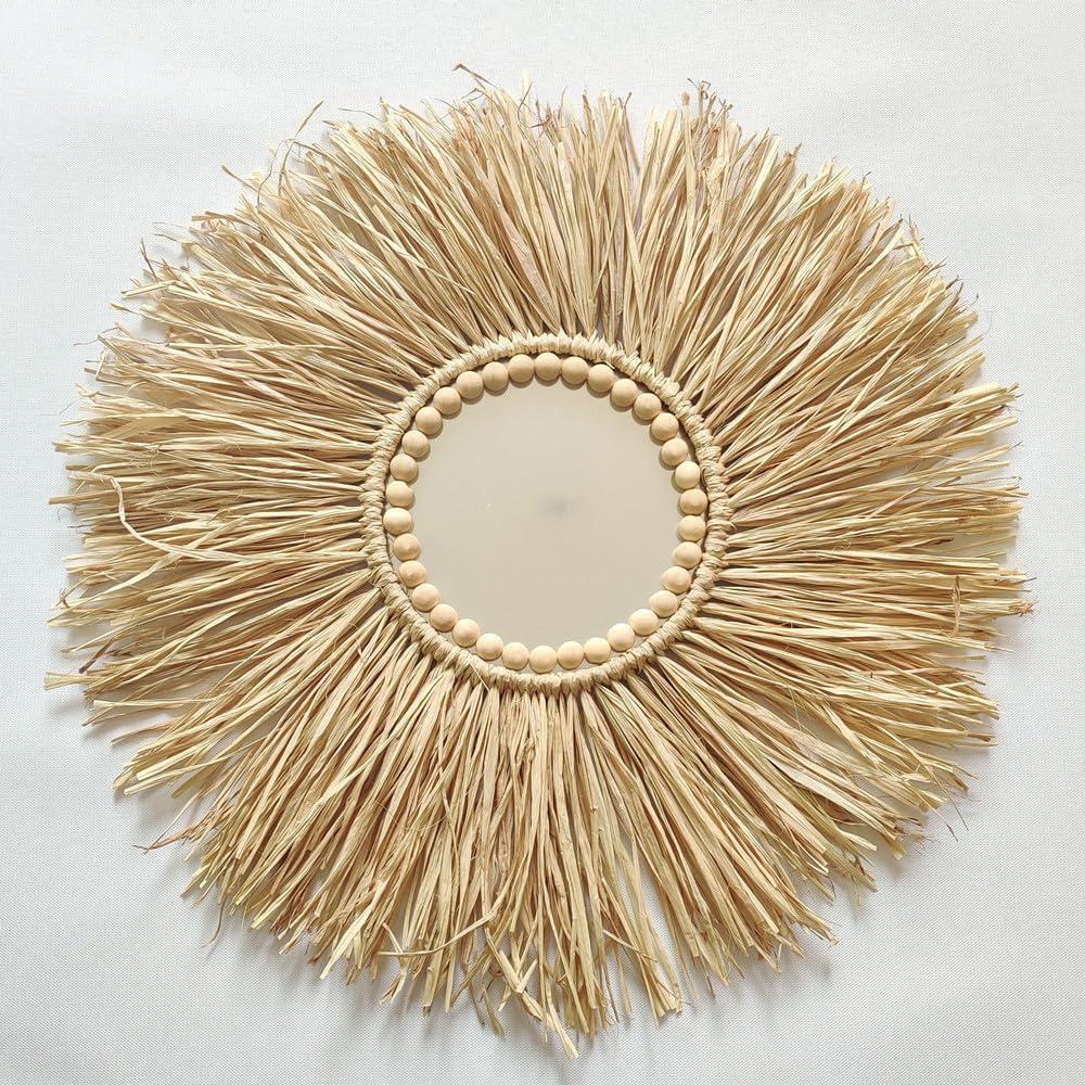 Boho Wall Mirror Decor - Raffia Straw Mirror Decor Round Handmade Wall Art for Children Room Decor Living Rooms Bedrooms Display Table Settings Home Kitchen 18in (Mirror)