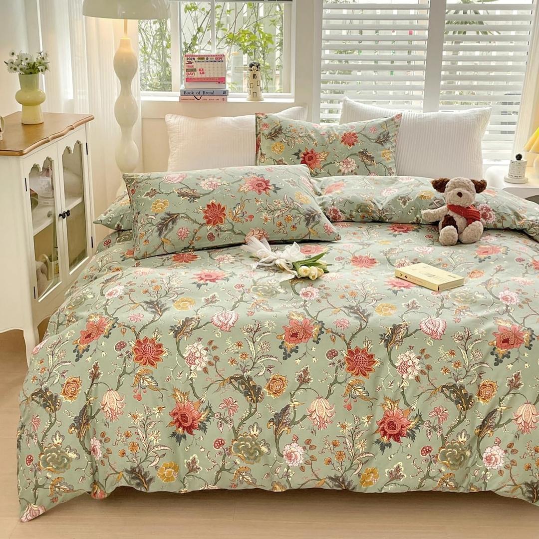 Printed Bedding Set Queen Size Lightweight 100% Polyester Modern Duvet Cover Set with Pillowcases Boho Floral Design Wrinkle-Free