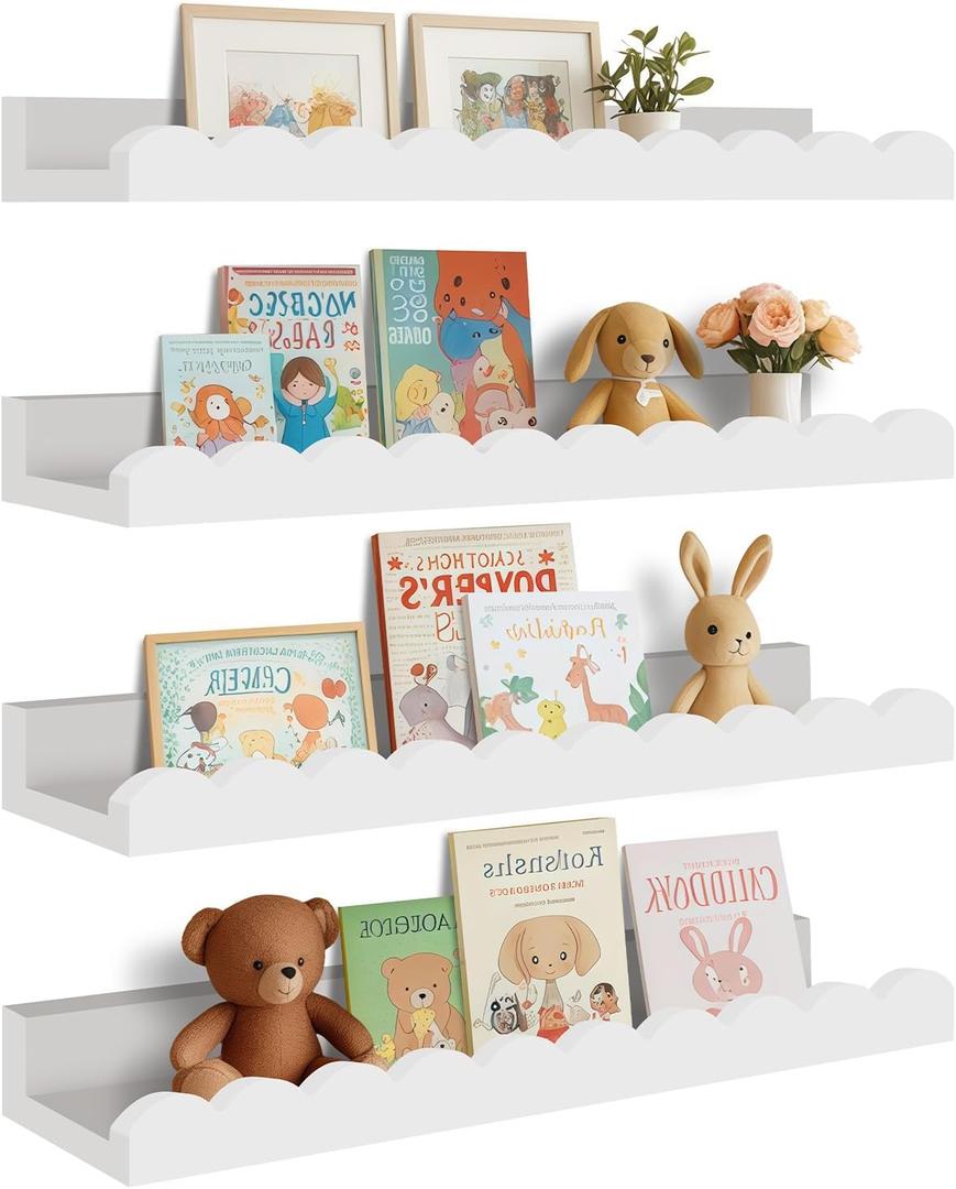 Yirilan 4-Pack Scalloped Shelves, Nursery Shelves for Wall, Floating Nursery Book Shelves for Kids, White