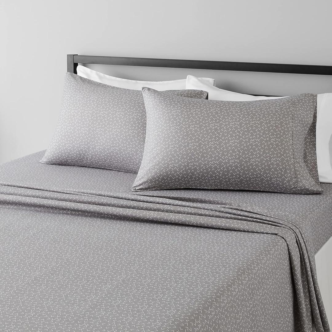 Amazon Basics Lightweight Super Soft Easy Care Microfiber 4 Piece Bed Sheet Set With 14-inch Deep Pockets - Queen, Grey Arrows, Printed