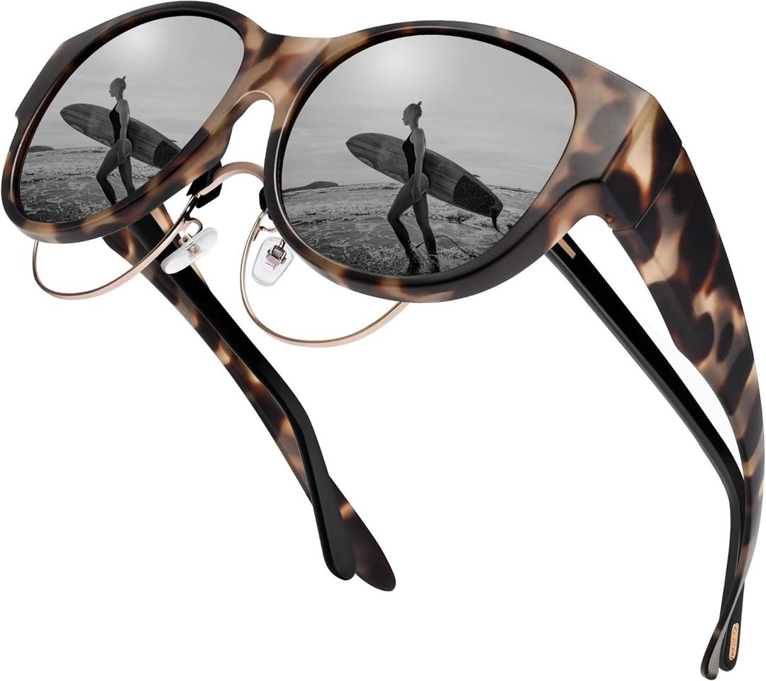 URUMQI Sunglasses Fit Over Glasses for Women, Polarized UV400 Protection Sun Glasses Trendy Round Cat Eye Shades Large Lens (A02 Matte Beige Tortoise Frame/Grey Lens)