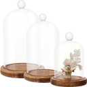 3Pcs Cloche Glass Dome With Wood Base, 3 Sizes 4.7/3.9/3.5" Diameter, Glass Cloche Dome Display with Handle For Cake, Plant, Wedding Party, Bell Jar Transparent