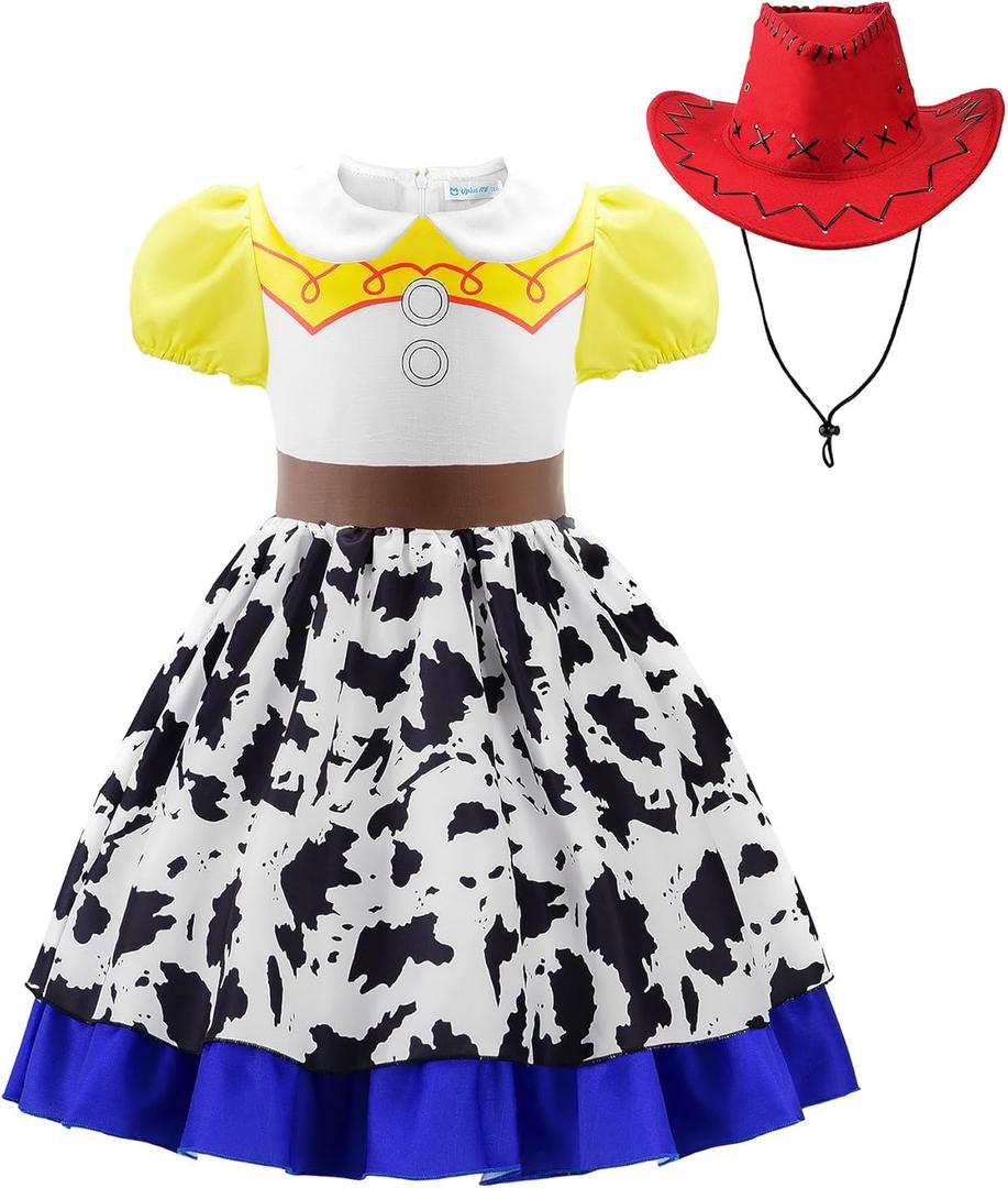 Cowgirl Costume Girls Cowgirl Dress Jessie Costume Halloween Party Princess Dress Up Outfit with Red Cowboy Hat (6-7 Years)