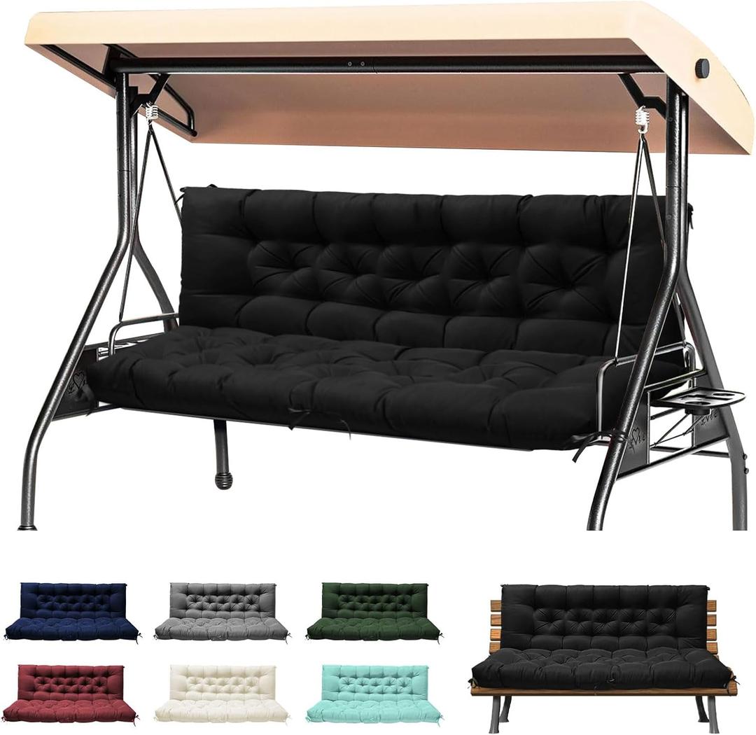 Porch Swing Cushions, Waterproof Swing Cushions Replacement with Backrest, Outdoor Swing Bench Cushions 2-3 Seater Replacement for Patio Furniture 60x40 (Black)