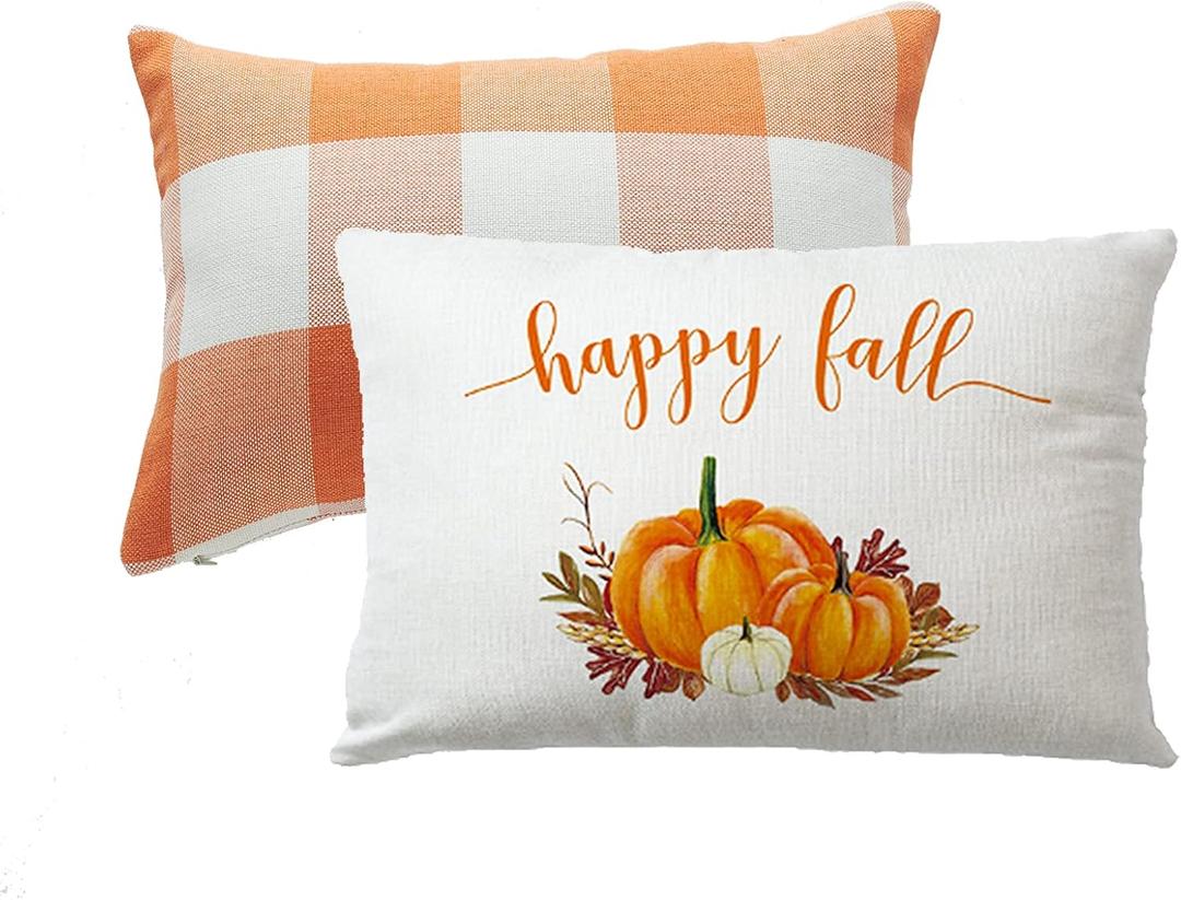 7COLORROOM Set of 2 Orange and White Buffalo Check Plaid Throw Pillow Covers Farmhouse Decor Happy Fall Harvest Pumpkin Rectangular/Waist Cushion Cover Thanksgiving Autumn Home Pillowcases 12" x 20"