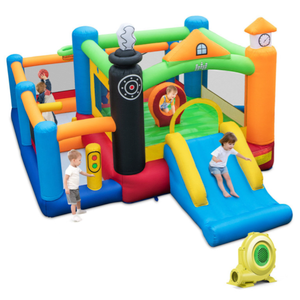 Train-Themed Kids Inflatable Bouncy Castle Slide & Basketball Hoop w/950W Blower, With Balls, Overall Dimensions: 15.5ft x 12ft x 8ft
Dimensions of Jumping Area: 82.5" x 65"