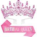 Birthday Tiara Crown with Sash for Women, Headband Hair Accessories for Wedding Party Costume Pink