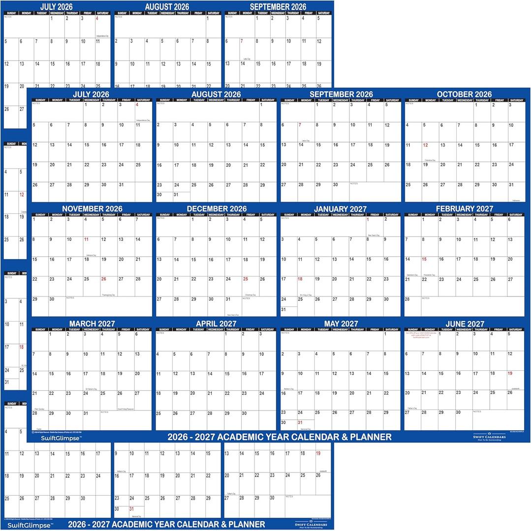 24x36 SwiftGlimpse 2026-2027 Academic Wall Calendar Dry Erase Erasable, Large, Wet & Dry Erase Laminated, Yearly School Planner, JULY 2026 to JUNE 2027 ONLY, NAVY