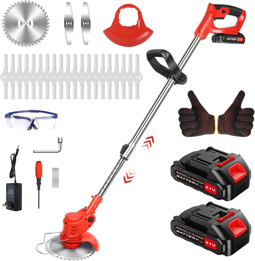 Cordless Lawn Trimmer Weed Wacker, 21V Lawn Mower Grass Edger with 3 Types Blades & 2X Battery, Lightweight 125 cm Retractable Weed Trimmer/Stringless Grass Trimmer/Brush Cutter with for Garden Yard (BRIGHT RED)