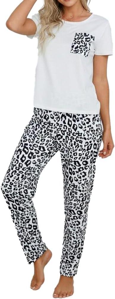 Pajamas for Women Sets Short Sleeve Top & Leopard Print Pjs Pants Cozy 2 Piece Sleepwear Comfy Loungewear with Chest Pocket & Elastic Waist - Soft Breathable Relaxed Fit for Sleep or Gifting, Size: Medium