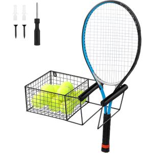 Zonon Hanging Metal Tennis Racquet and Ball Storage Basket Wall Mounted Table Tennis Paddle Badminton Racket Holder Balls Equipment Organizer Rack with Hardware, 15.5 x 8.5 x 5 Inch, Black
