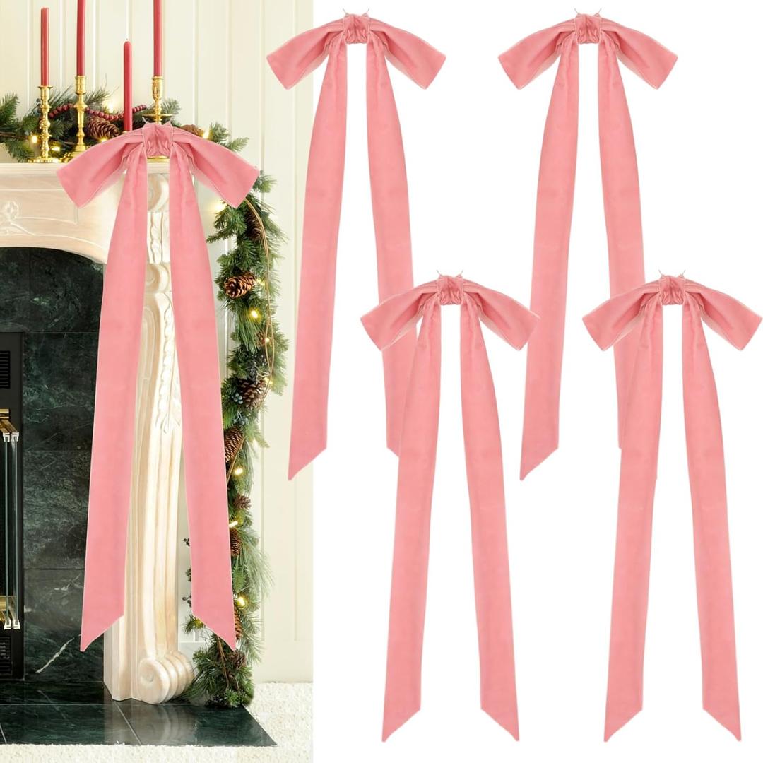 4Pcs Pink Velvet Christmas Bows, 23.6 x 8.6 Inches Extra Large Velvet Ribbon Bows with Long Tail, Rustic Bows for Christmas Tree,Garland,Staircase,Fireplace, Xmas Indoor Outdoor Decor
