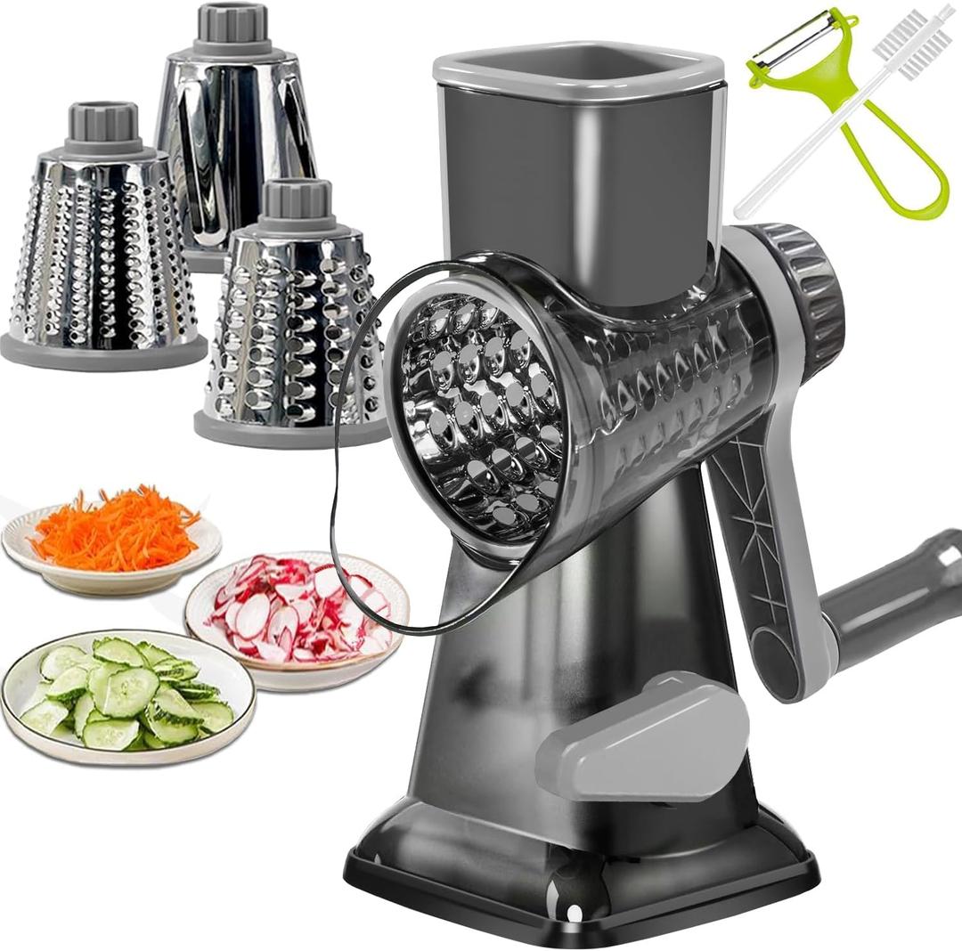 Cheese Grater Rotary Cheese Grater,Versatile Cheese Shredder,Blades for Shredding, Grating, Slicing,Cheese Shredder with Suction Base and Cleaning Brush Kitchen Gift (gray)