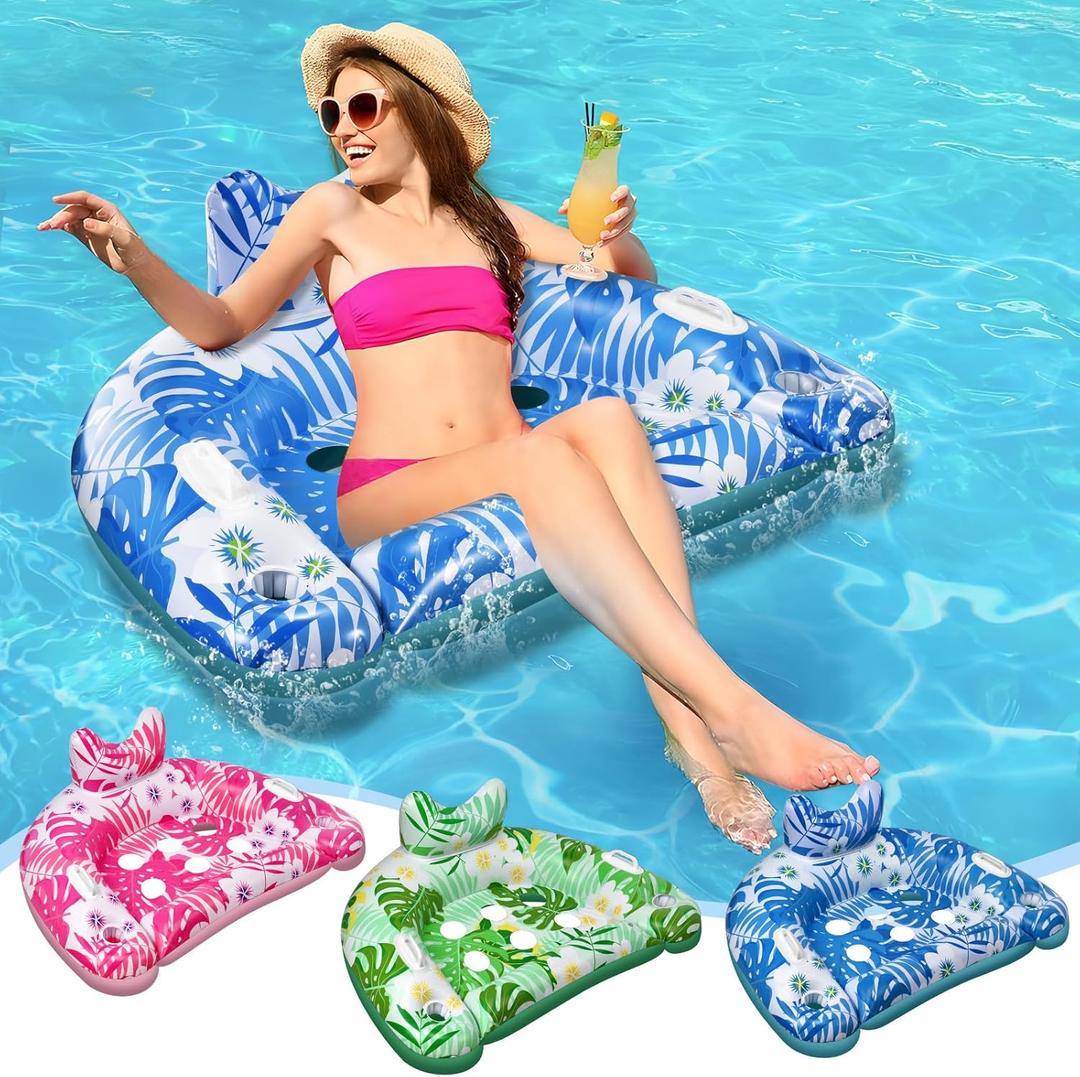 Pool Floats, 3 Pack Inflatable Pool Floats Adult & Kids, Pool Float with Cupholders & Duty Handles, Upgraded Pool Chairs, Perfect Summer Pool Toys for Lakes, Rivers, Beach Vacation, Water Party Fun,