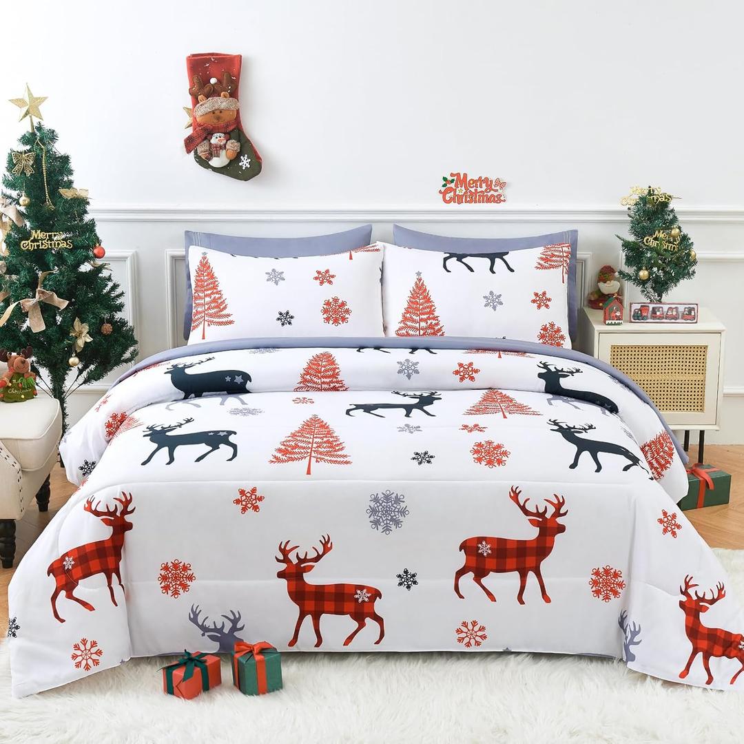 YIYEA Christmas Comforter Set, 7 Pieces Bed in a Bag, Christmas Bedding Sets with Comforter, Flat Sheet, Fitted Sheet, 2 Embroidered Pillowcases, and 2 Printed Pillowcases, Queen