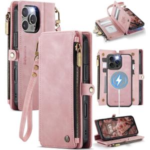 Defencase for iPhone 16 Pro Magnetic Wallet Case Compatible with Magsafe with RFID Blocking Zipper Strap Card Holder for Women Men PU Leather Detachable Case for iPhone 16 Pro (6.3 inches), Rose Pink