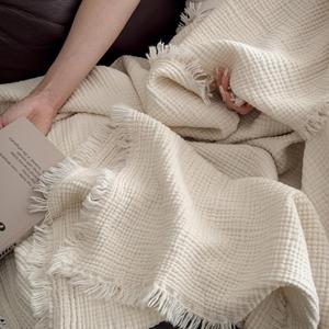MorroMorn 100% Cotton Queen Size Bed Blanket 80"x90" Muslin Blanket with Fringes, 4-Layer Gauze Blankets for Adult, Boho Bedding Breathable Lightweight Ultra-Soft for All Seasons, Linen Beige