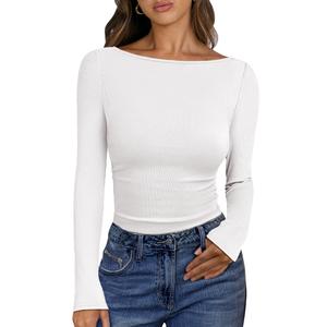 ANRABESS Women's Boat Neck Long Sleeve Shirts Rib Knit Slim Fitting Tops Basic Tees 2026 Casual Comfy Fall Outfits Clothes White X-Large